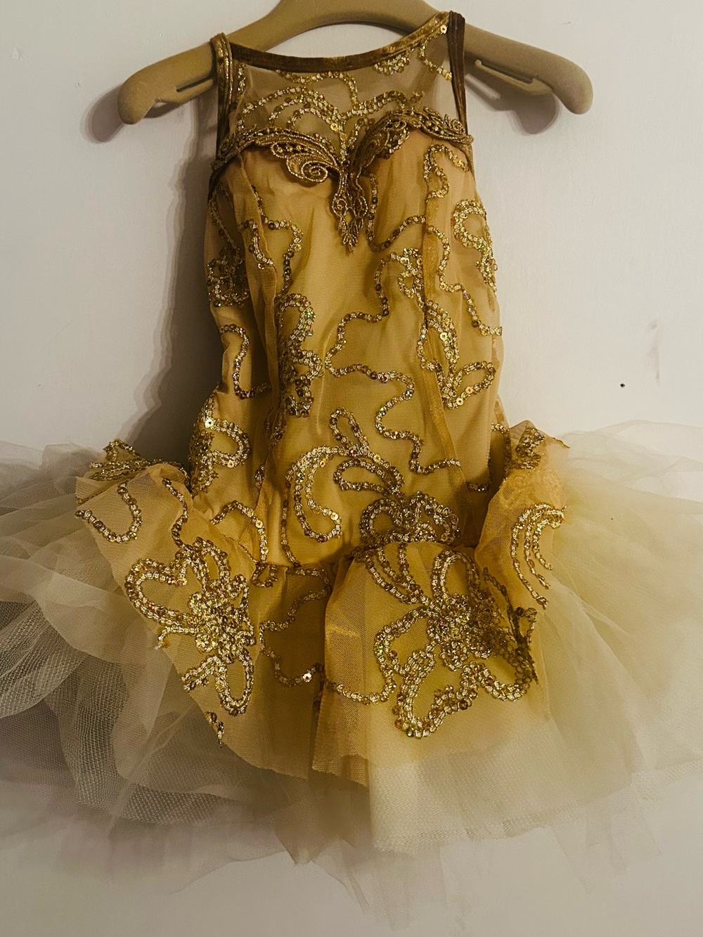 Girls Curtain Call Gold Sequin Leotard Tulle Ballet Costume